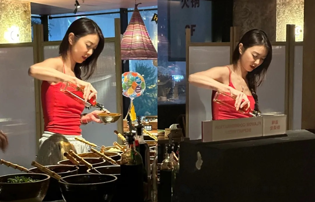 薛凯琪43岁依旧年轻,红色吊带背心展风采